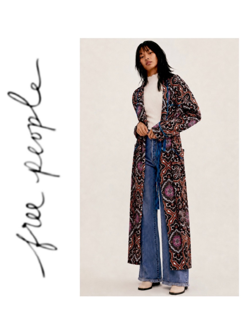 Free People Don't You Wait Boho Paisley Duster Kimono Robe Jacket